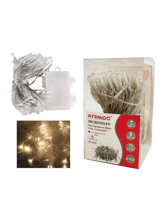Χριστουγεννιάτικα Λαμπάκια 200 LED Θερμό Λευκό 20μ Μπαταρίας σε Σειρά με Διαφανές Καλώδιο AN79489