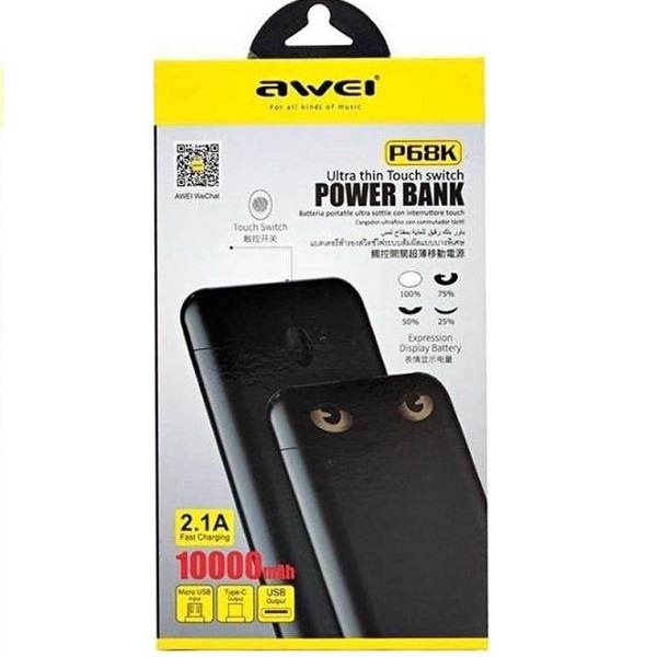 Awei P68K Power Bank 10000mAh με 2 Θύρες USB-A Μαύρο
