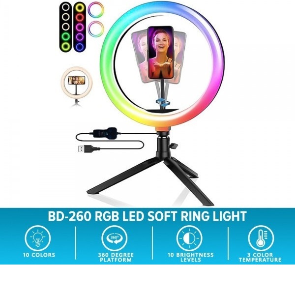 RGB Ring Light BD-260 RGB Led 14cm 2500-4500K με Επιτραπέζιο Τρίποδο και Βάση για Κινητό