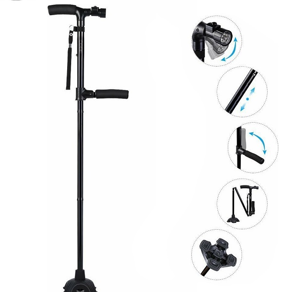 Μπαστούνι Πτυσσόμενο Με Δύο Λαβές, Εργονομική / Αντικραδασμική Βάση & Φακό LED Μαύρο