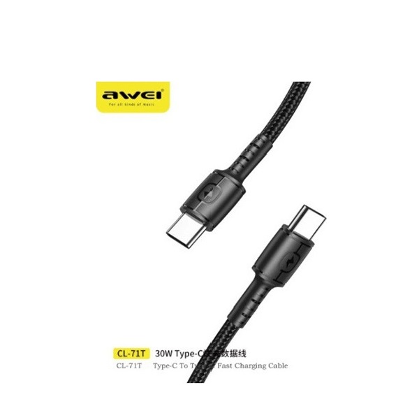 Καλώδιο Γρήγορης Φόρτισης και Μεταφοράς Δεδομένων 30W Type-C σε Type-C 1m Awei CL-71T