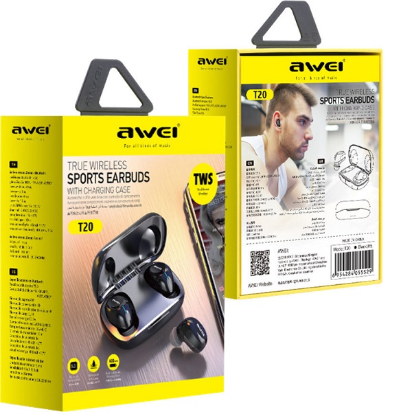 Awei T20 In-ear Bluetooth Handsfree Ακουστικά με Αντοχή στον Ιδρώτα και Θήκη Φόρτισης Μαύρα