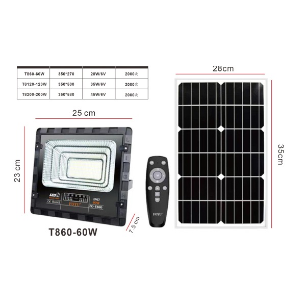 Στεγανός Ηλιακός Προβολέας  Ισχύος 60W με Τηλεχειριστήριο σε Μαύρο χρώμα