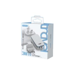 Ezra HC18 Φορτιστής με Ενσωματωμένο Καλώδιο με 2 Θύρες USB-A Λευκός  3in1 Travel