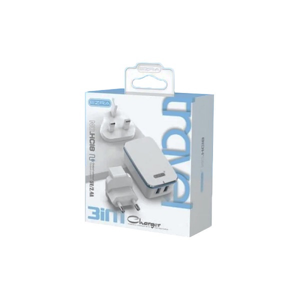 Ezra HC18 Φορτιστής με Ενσωματωμένο Καλώδιο με 2 Θύρες USB-A Λευκός  3in1 Travel