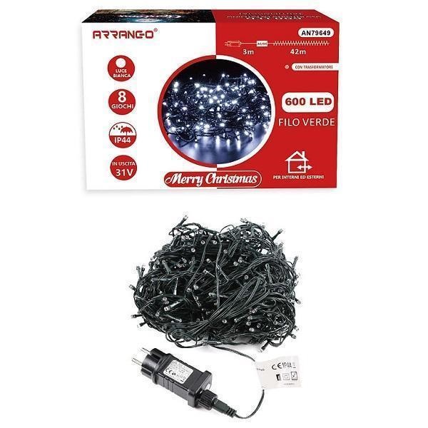 600 Χριστουγεννιάτικα Λαμπάκια LED Ψυχρό Λευκό 42m IP44 31V σε Σειρά με Πράσινο Καλώδιο και Προγράμματα εξωτερικού χώρου Arrango AN79649