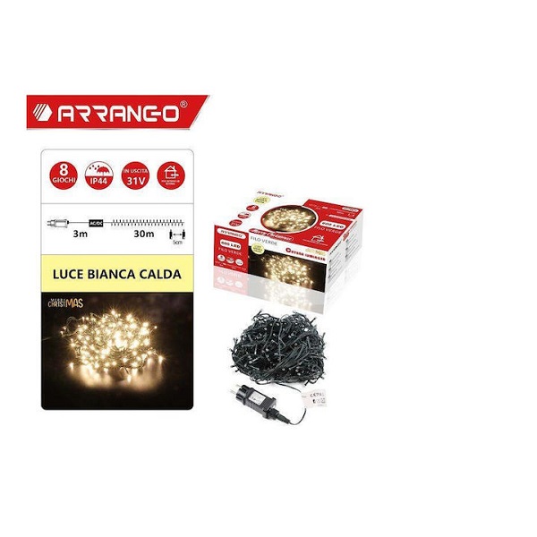 Χριστουγεννιάτικα Λαμπάκια 600 LED  Θερμό Λευκό 33μ σε Σειρά με Πράσινο Καλώδιο Arrango