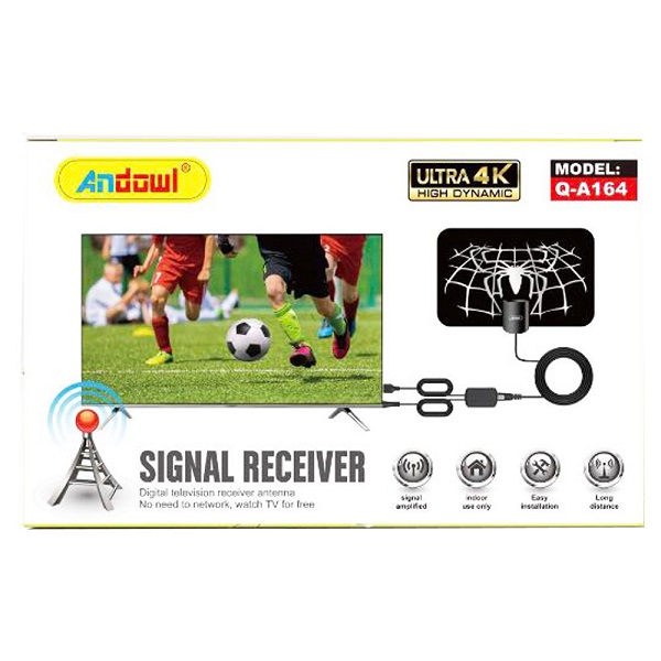 Κεραία Τηλεόρασης Εσωτερική (δεν απαιτεί τροφοδοσία) σε Μαύρο Χρώμα Σύνδεση με Ομοαξονικό (Coaxial) Καλώδιο Andowl Q-A164