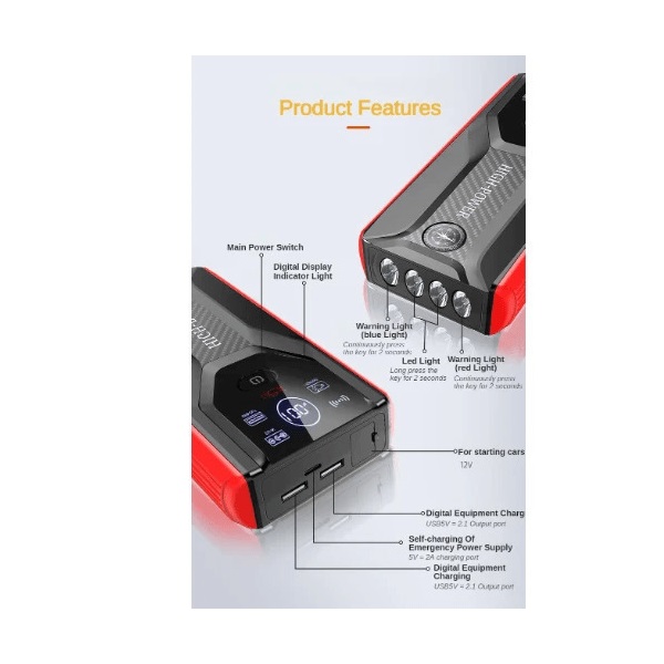 Φορητός Εκκινητής Μπαταρίας Αυτοκινήτου 12V με Power Bank USB Φακό Andowl Q-D1090