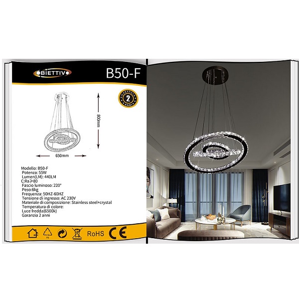 Μοντέρνος Πολυέλαιος Led 55W 3 Δαχτυλίδια 6500K Λευκό Φως με Ακρυλικά Κρύσταλλα