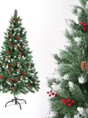 Χριστουγεννιάτικο Δέντρο 180εκ Πράσινο Χιονισμένο Έλατο με Berry και Κουκουνάρι Μεταλλική Βάση CH-3