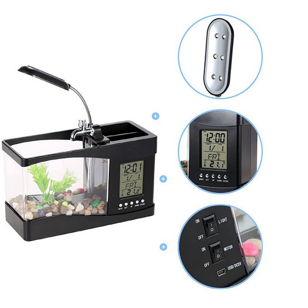 FishA.jpg USB Desktop Mini Fish Tank Aquarium With LED Clock Μαύρο
