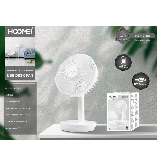 Ανεμιστηράκι Επιτραπέζιο Eπαναφορτιζόμενο USB 18cm Λευκό Hoomei HM-8278W