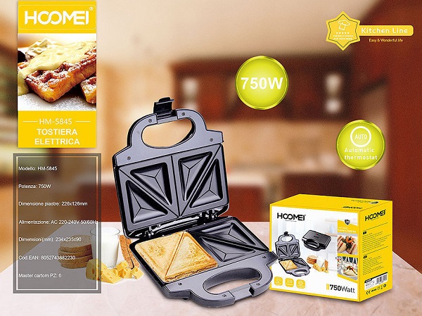 Τοστιέρα για 2 Τοστ 750W Μαύρη HM-5845 Hoomei
