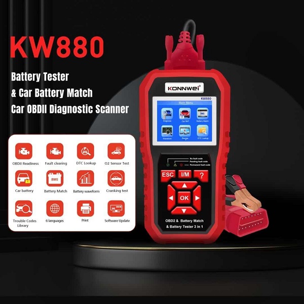 Konnwei KW880 Ψηφιακό Battery Tester με Κροκοδειλάκια