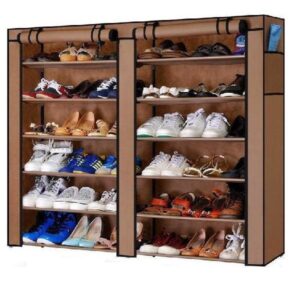 Παπουτσοθήκη Ντουλάπα Φορητή Διπλή 12 Ραφιών Υφασμάτινη 118x30x120cm – Καφέ T-2712