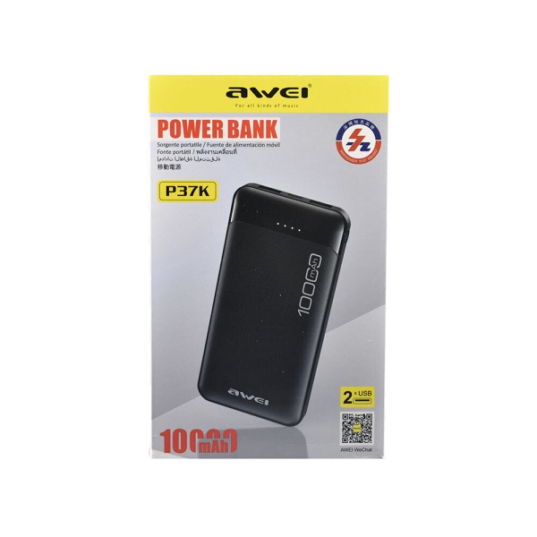 Awei P37K Power Bank 10000mAh με 2 Θύρες USB-A και Θύρα USB-C Μαύρο