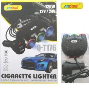 Φορτιστής Αυτοκινήτου με Ένδειξη Μπαταρίας - USB &amp 3 Θύρες Αναπτήρα Με Αυτόνομους Διακόπτες ANDOWL Q-T176