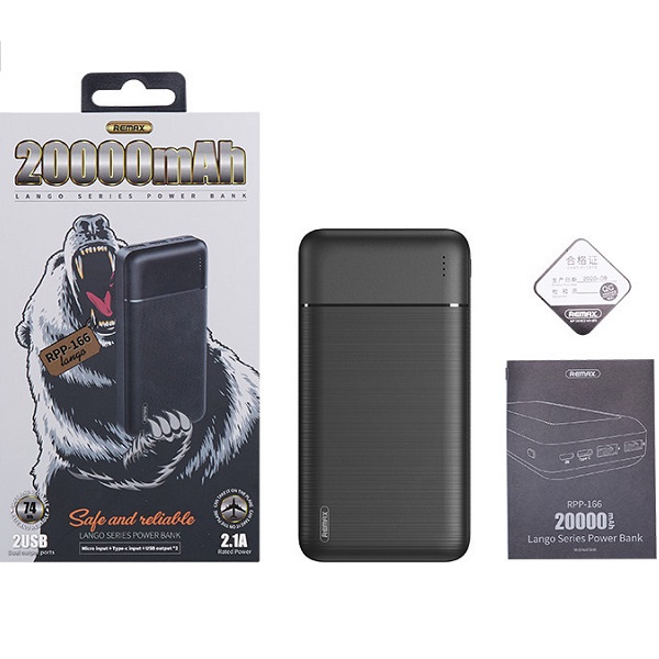 Power Bank Remax Lango 20000mAh με 2 Θύρες USB-A και Θύρα USB-C Μαύρο RPP-166