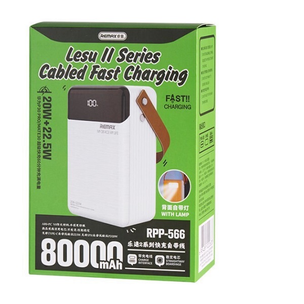 Power Bank 80000mAh 22.5W με 2 Θύρες USB-A και Θύρα USB-C Quick Charge 3.0 Λευκό Remax RPP-566