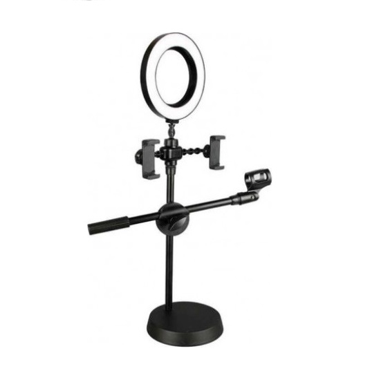 Ring Light LED 9cm με Επιτραπέζια Βάση Στήριξης και Βάση για 2 Κινητά και Μικρόφωνο RK25