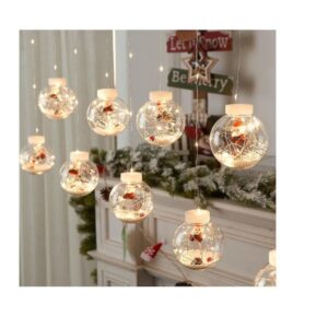 Χριστουγεννιάτικη Κουρτίνα 3Μέτρα LED με 10 Φωτιζόμενες Διάφανες Πλαστικές Μπάλες με Άι Βασίλη, Χιόνι 6162-06