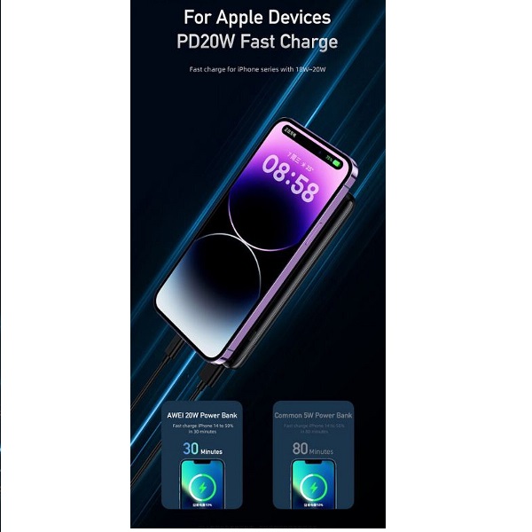 Awei Power Bank 10000mAh με 2 Θύρες USB-A και Θύρα USB-C Μαύρο