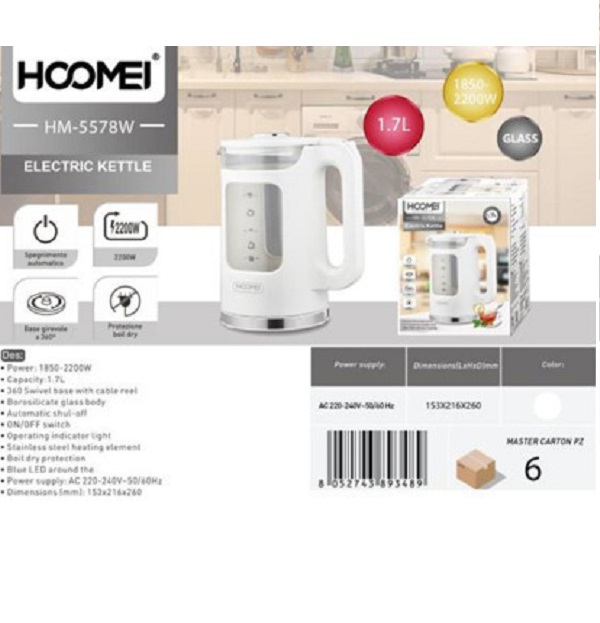 Βραστήρας 1.7lt 2200W Λευκός Hoomei HM-5578W