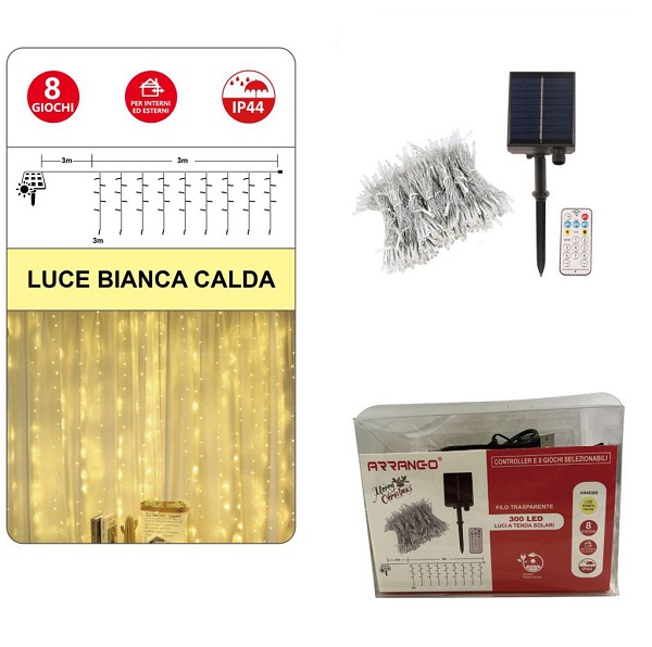 Ηλιακά Λαμπάκια Χριστουγεννιάτικα Κουρτίνα 300LED με Πρόγραμμα & Χειριστήριο Ζεστό Λευκό 3x3m IP44 με Διάφανο Καλώδιο AN48388 ARRANGO