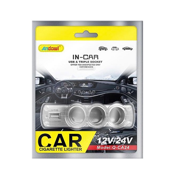 Πολύπριζο Αναπτήρα Αυτοκινήτου 12V 60W με 3 Παροχές και 1 θύρα USB Andowl Q-CA24