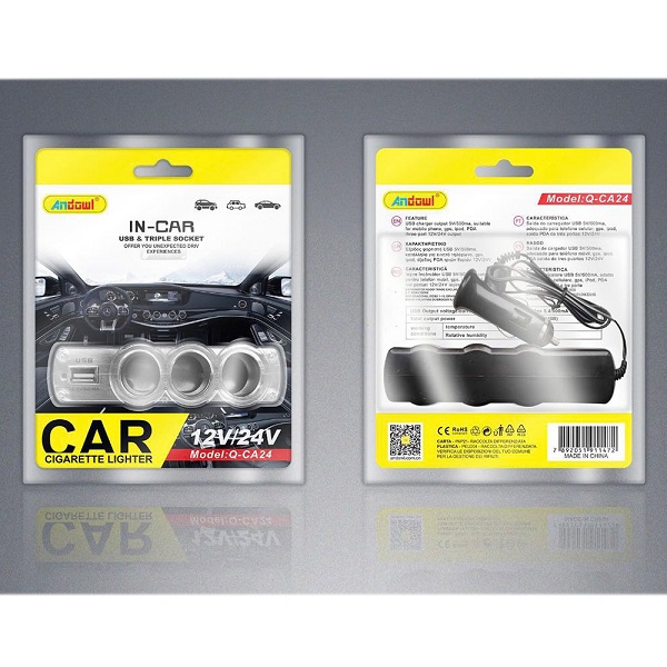 Πολύπριζο Αναπτήρα Αυτοκινήτου 12V 60W με 3 Παροχές και 1 θύρα USB Andowl Q-CA24