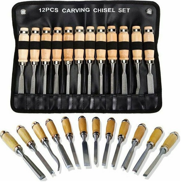 Σκαρπέλα με Θήκη Μεταφοράς με Ξύλινη Λαβή Σετ 12τμχ BCTK-SET-4392