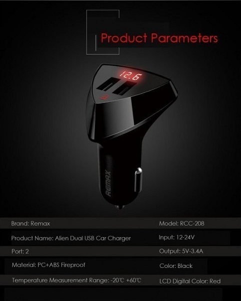 Φορτιστής Αυτοκινήτου Μαύρος Συνολικής Έντασης 3.4A με Θύρες: 2xUSB και Βολτόμετρο Μπαταρίας Remax RCC-208