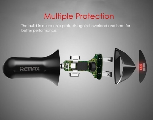 Φορτιστής Αυτοκινήτου Μαύρος Συνολικής Έντασης 3.4A με Θύρες: 2xUSB και Βολτόμετρο Μπαταρίας Remax RCC-208