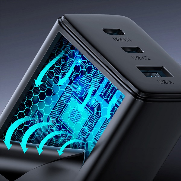 Φορτιστής με Θύρα USB-A και 2 Θύρες USB-C και Καλώδιο USB-C 65W Power Delivery Μαύρος